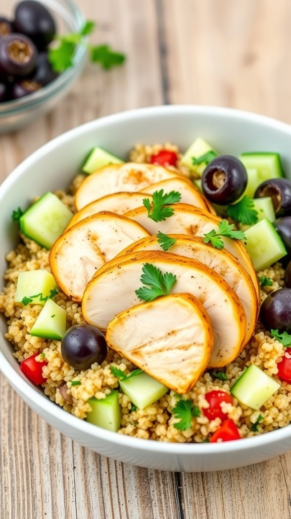 Mediterranean Chicken Quinoa Bowl with Olives and Cucumber A Mediterranean chicken quinoa bowl with grilled chicken, quinoa, cucumbers, olives, and parsley on a rustic table.